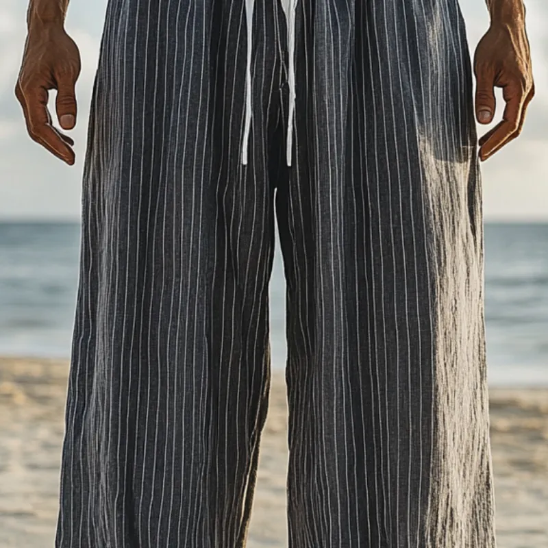 Men's Casual Breathable Cotton Linen Striped Elastic Waist Loose Wide Leg Pants MTA2753D3M sold by Manly product image thumbnail 3