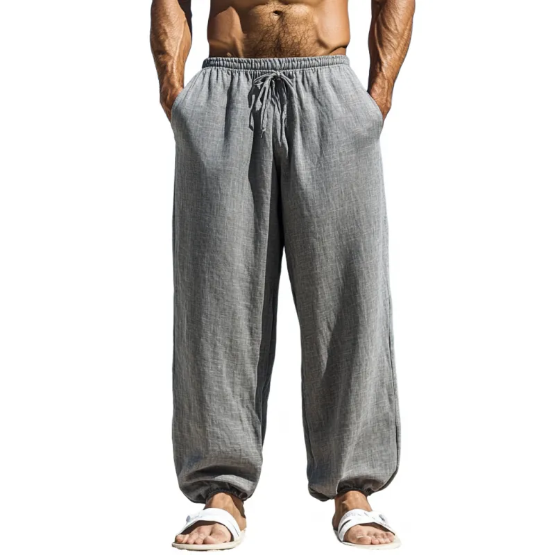 Men's Casual Breathable Cotton Linen Solid Color Elastic Waist Loose Cuff Pants MTA2757D2M sold by Manly