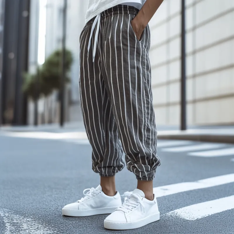 Men's Casual Breathable Cotton Linen Striped Elastic Waist Loose Cuff Pants MTA2773D0M sold by Manly product image thumbnail 2
