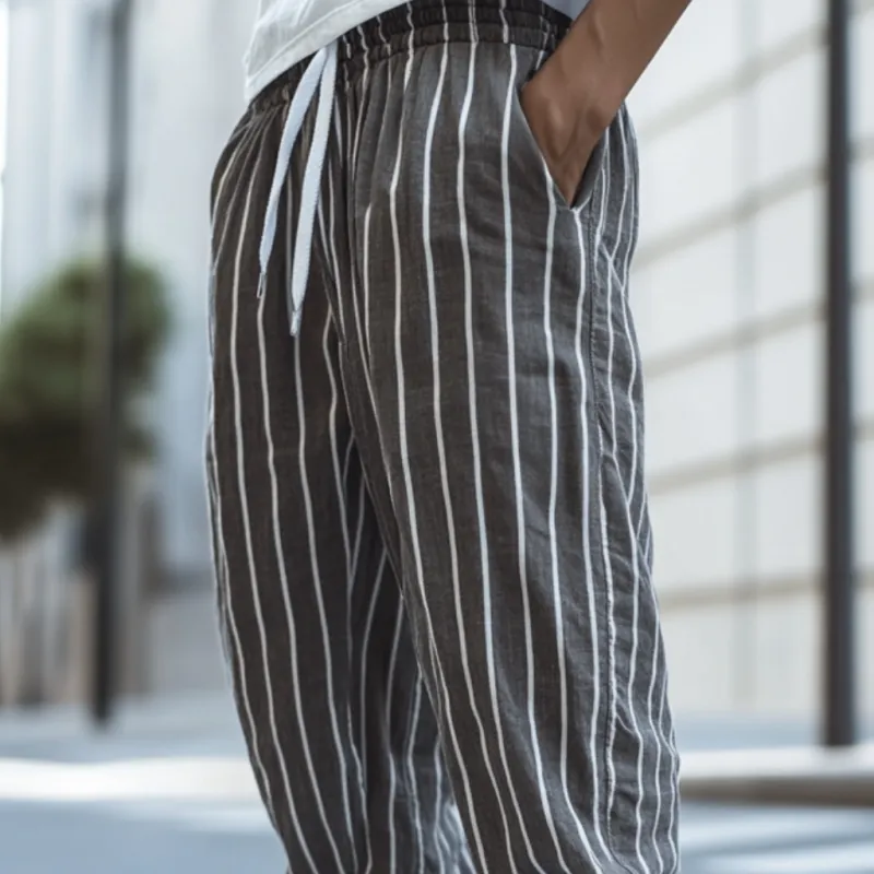 Men's Casual Breathable Cotton Linen Striped Elastic Waist Loose Cuff Pants MTA2773D0M sold by Manly product image thumbnail 3