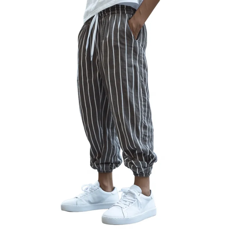 Men's Casual Breathable Cotton Linen Striped Elastic Waist Loose Cuff Pants MTA2773D0M sold by Manly