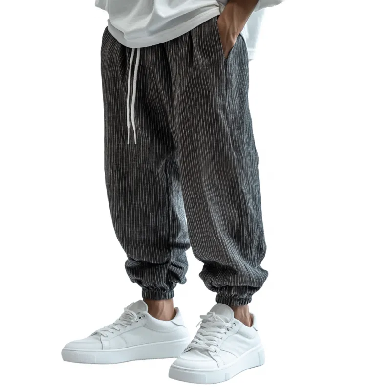 Men's Casual Breathable Cotton Linen Striped Elastic Waist Loose Cuff Pants MTA2717D8M sold by Manly