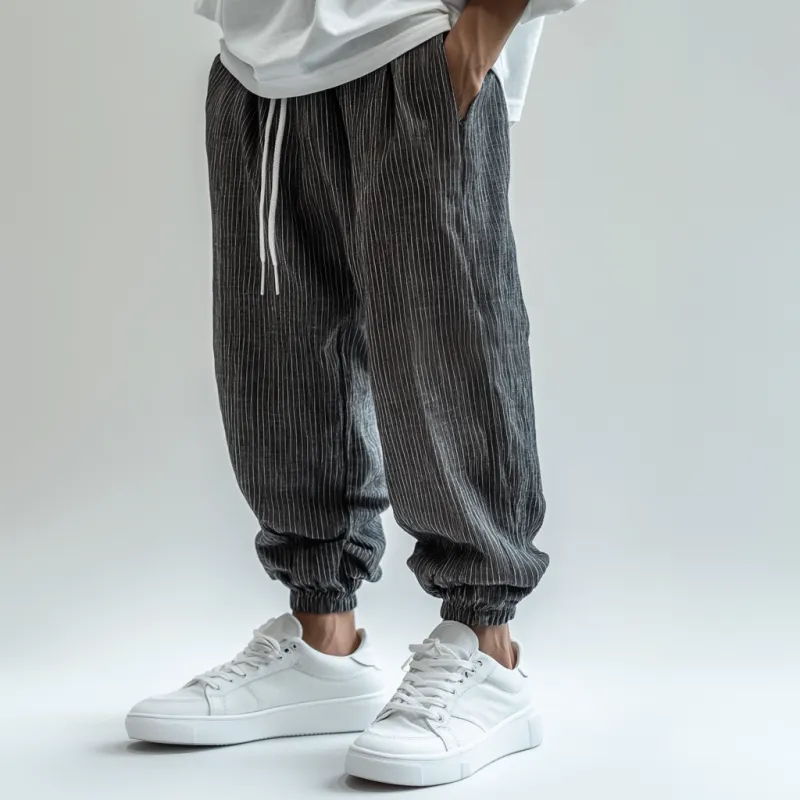 Men's Casual Breathable Cotton Linen Striped Elastic Waist Loose Cuff Pants MTA2717D8M sold by Manly product image thumbnail 2