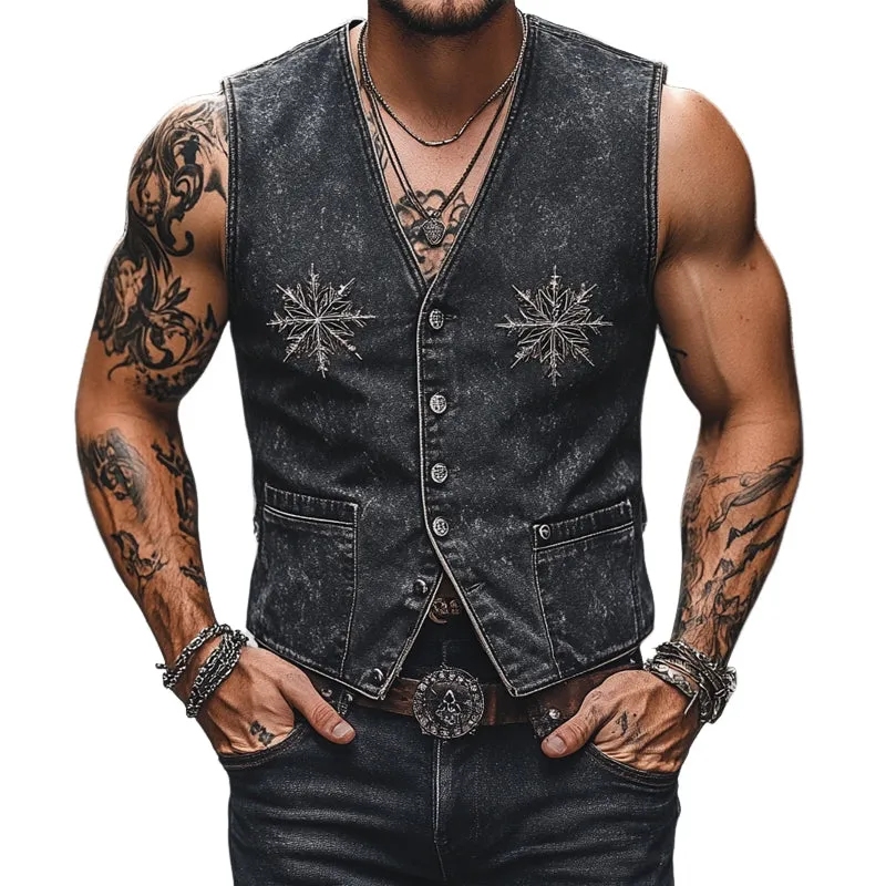 Men's Vintage V-Neck Denim Embroidered Vest MTA2754D5X sold by Manly