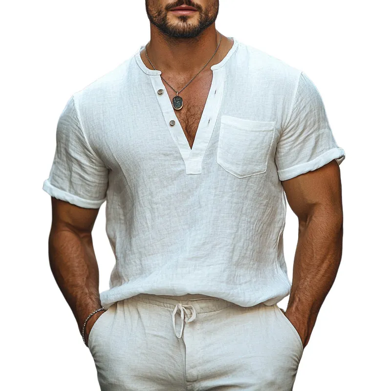 Men's Cotton and Linen V-Neck Pullover Short Sleeve T-Shirt MTA2780D4X sold by Manly