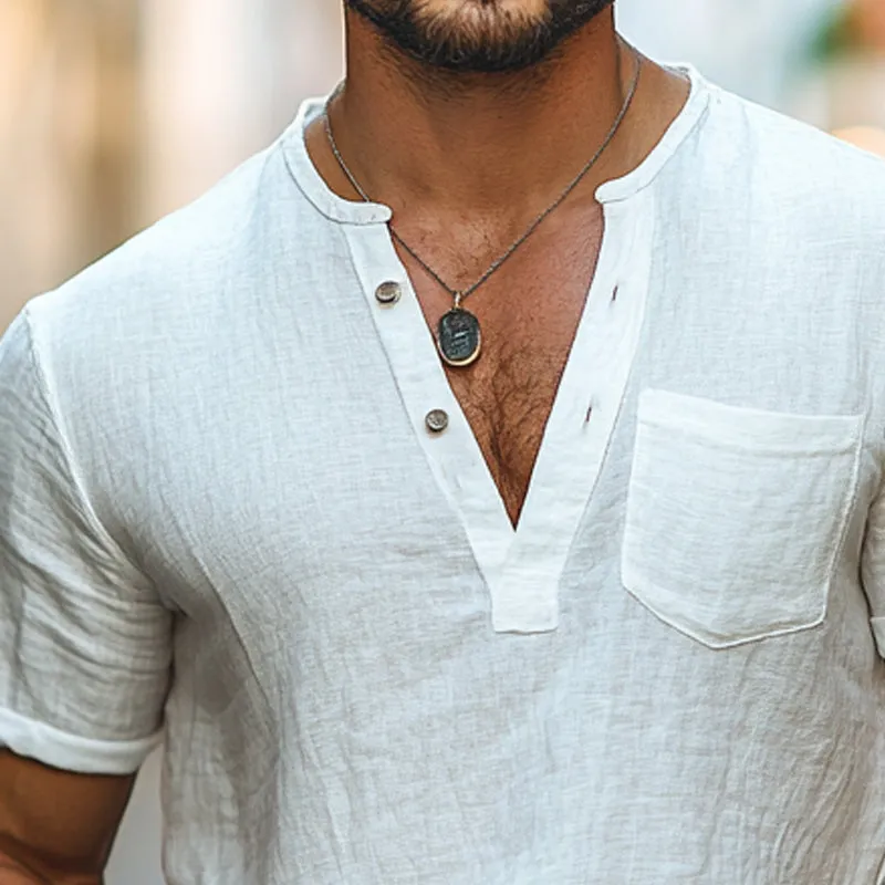 Men's Cotton and Linen V-Neck Pullover Short Sleeve T-Shirt MTA2780D4X sold by Manly product image thumbnail 3