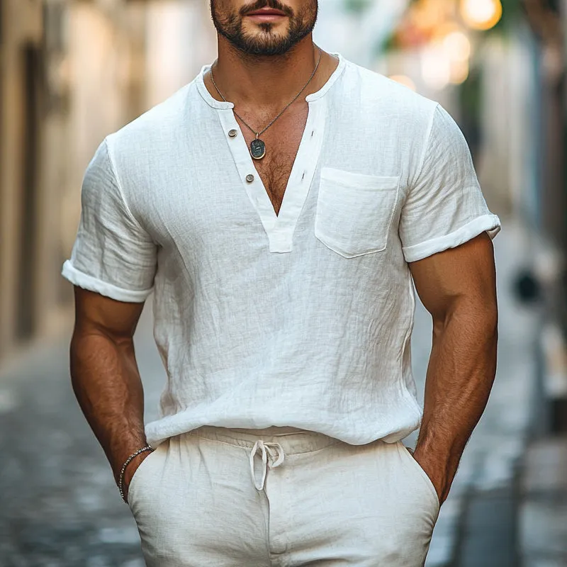 Men's Cotton and Linen V-Neck Pullover Short Sleeve T-Shirt MTA2780D4X sold by Manly product image thumbnail 2