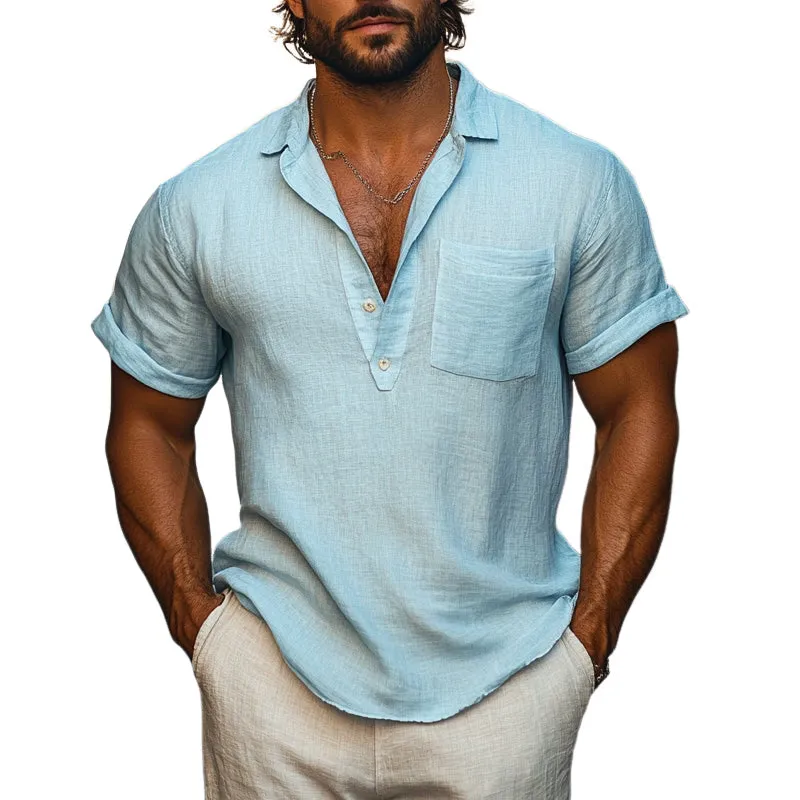Men's Casual Cotton And Linen Lapel Short-Sleeved Shirts MTA2733D9X sold by Manly