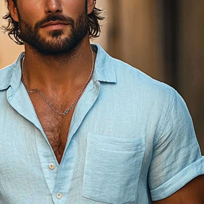 Men's Casual Cotton And Linen Lapel Short-Sleeved Shirts MTA2733D9X sold by Manly product image thumbnail 3