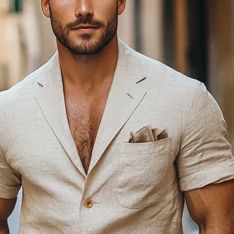 Men's Casual Solid Color Cotton And Linen Short Sleeve Shirts MTA2731D1X sold by Manly product image thumbnail 3