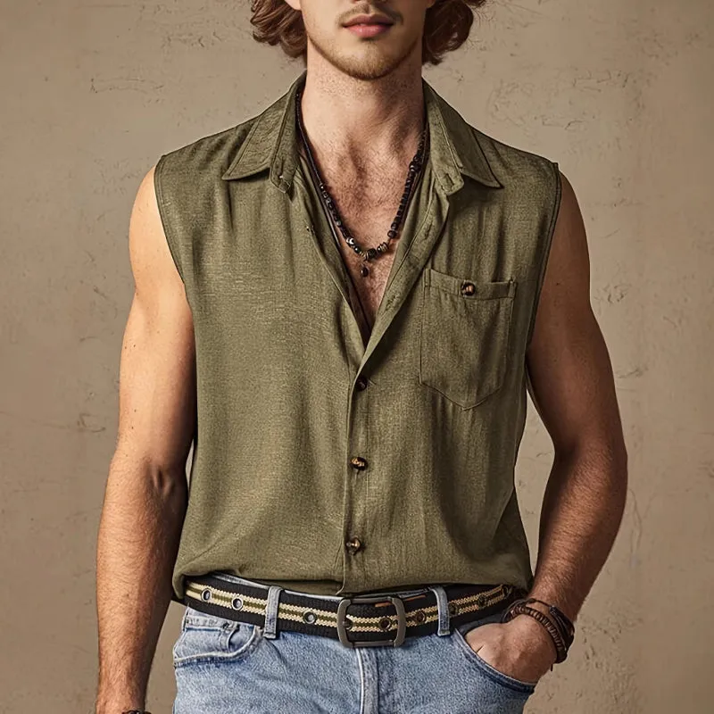 Men's Solid Color Cotton Lapel Sleeveless Tank Top MTA2783D6X sold by Manly product image thumbnail 4