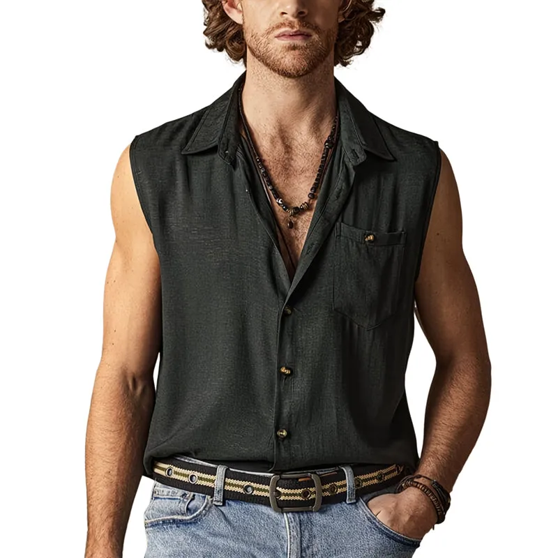 Men's Solid Color Cotton Lapel Sleeveless Tank Top MTA2783D6X sold by Manly product image thumbnail 2