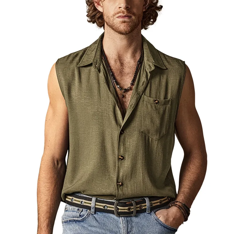 Men's Solid Color Cotton Lapel Sleeveless Tank Top MTA2783D6X sold by Manly