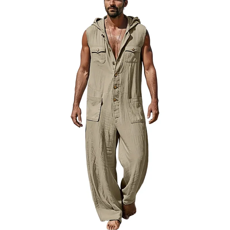 Men's Casual Cotton and Linen Resort Hooded Jumpsuit MTA2786D8X sold by Manly