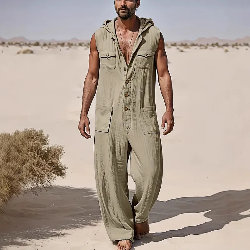 Men's Casual Cotton and Linen Resort Hooded Jumpsuit MTA2786D8X sold by Manly product image thumbnail 3