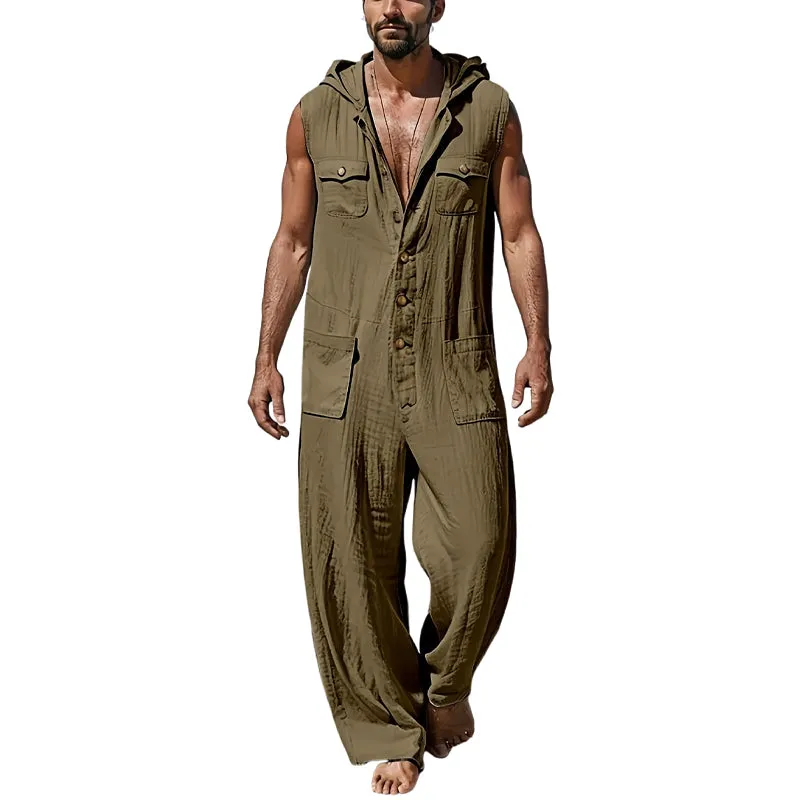 Men's Casual Cotton and Linen Resort Hooded Jumpsuit MTA2786D8X sold by Manly product image thumbnail 2
