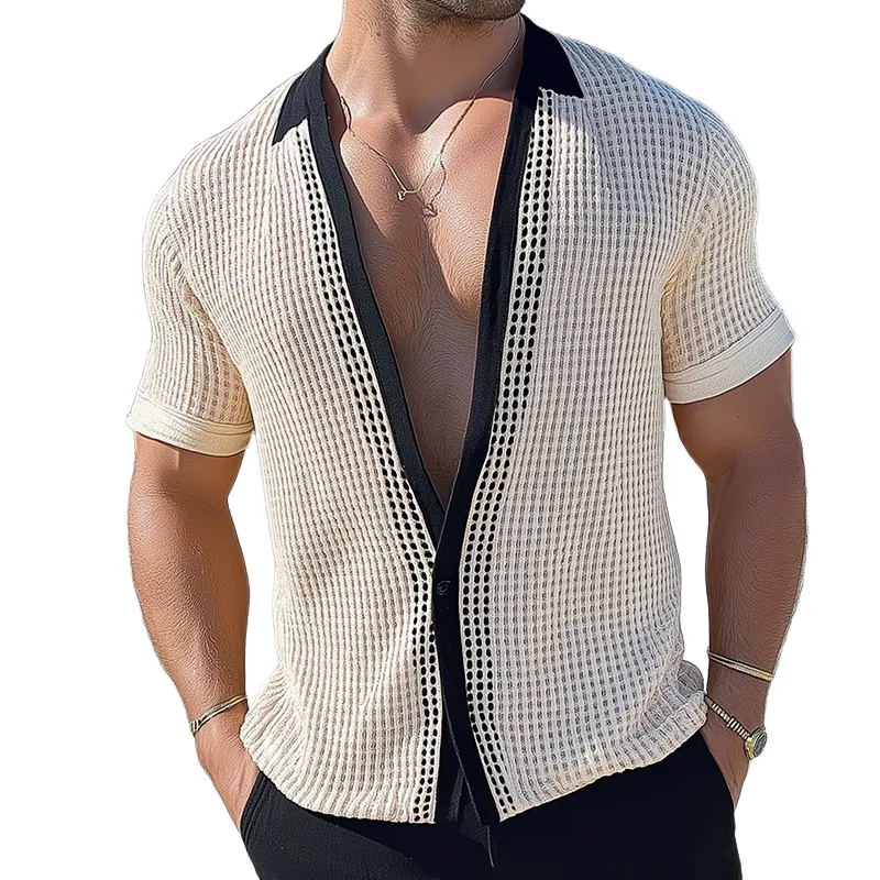 Men's Retro Casual Mesh Knit Collarless Short Sleeve Shirt MTA2431D2TO sold by Manly