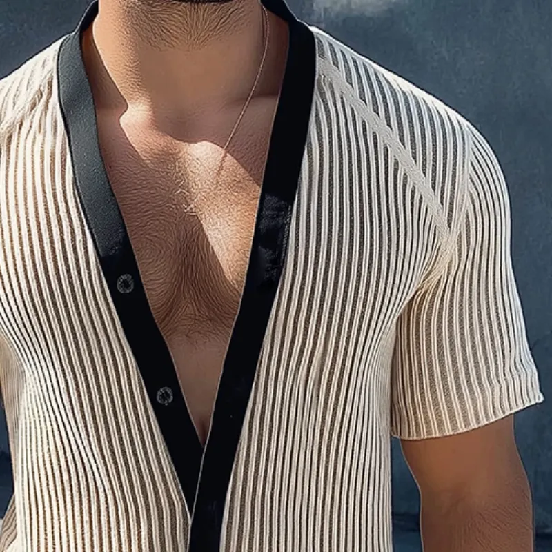 Men's Retro Casual Mesh Knit Collarless Short Sleeve Shirt MTA2457D5TO sold by Manly product image thumbnail 3