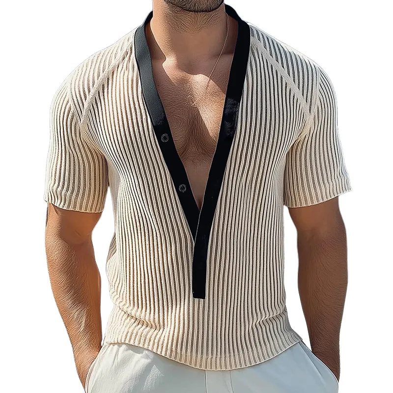 Men's Retro Casual Mesh Knit Collarless Short Sleeve Shirt MTA2457D5TO sold by Manly