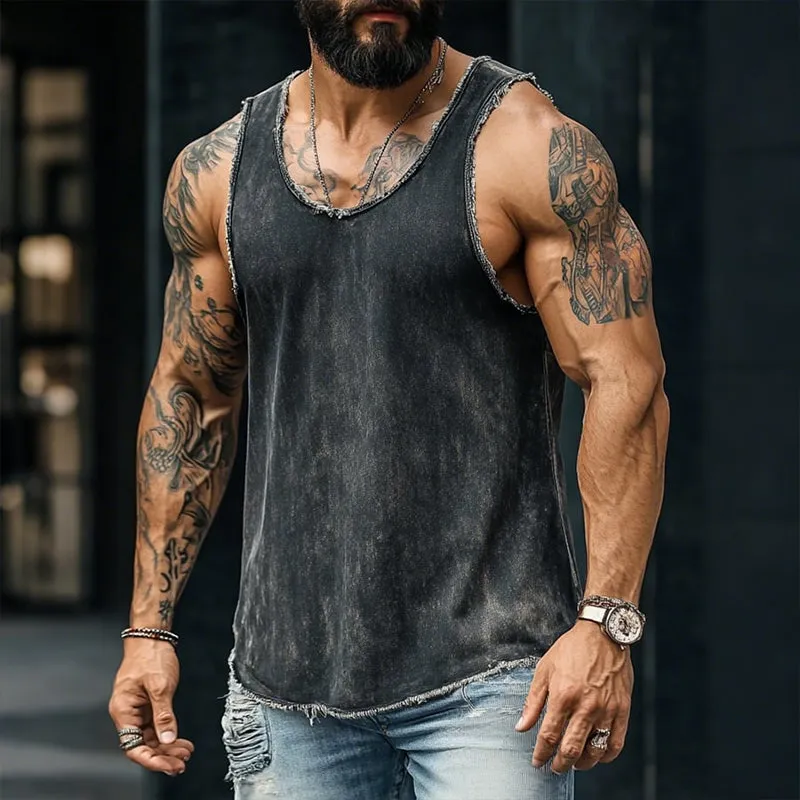 Men's Retro Casual Washed Distressed Denim Round Neck Tank Top MTA2585D8TO sold by Manly product image thumbnail 2