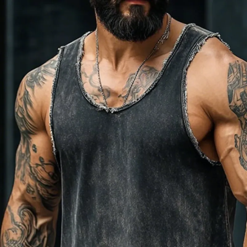 Men's Retro Casual Washed Distressed Denim Round Neck Tank Top MTA2585D8TO sold by Manly product image thumbnail 3