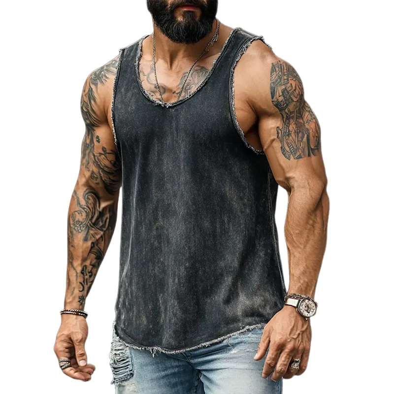 Men's Retro Casual Washed Distressed Denim Round Neck Tank Top MTA2585D8TO sold by Manly