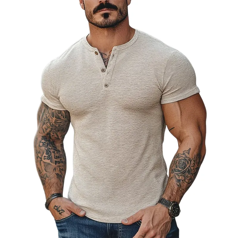 Men's Vintage Casual Henley Neck Short Sleeve T-Shirt MTA2566D1TO sold by Manly