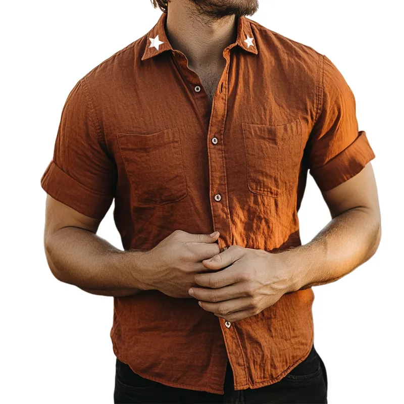 Men's Retro Washed Star Lapel Linen Short Sleeve Shirt MTA2568D3TO sold by Manly