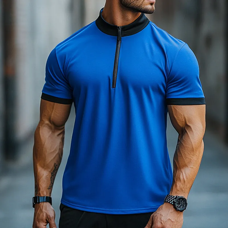 Men's Retro Casual Cotton Colorblock Zipper Stand Collar Short Sleeve T-shirt MTA2568D0TO sold by Manly product image thumbnail 2