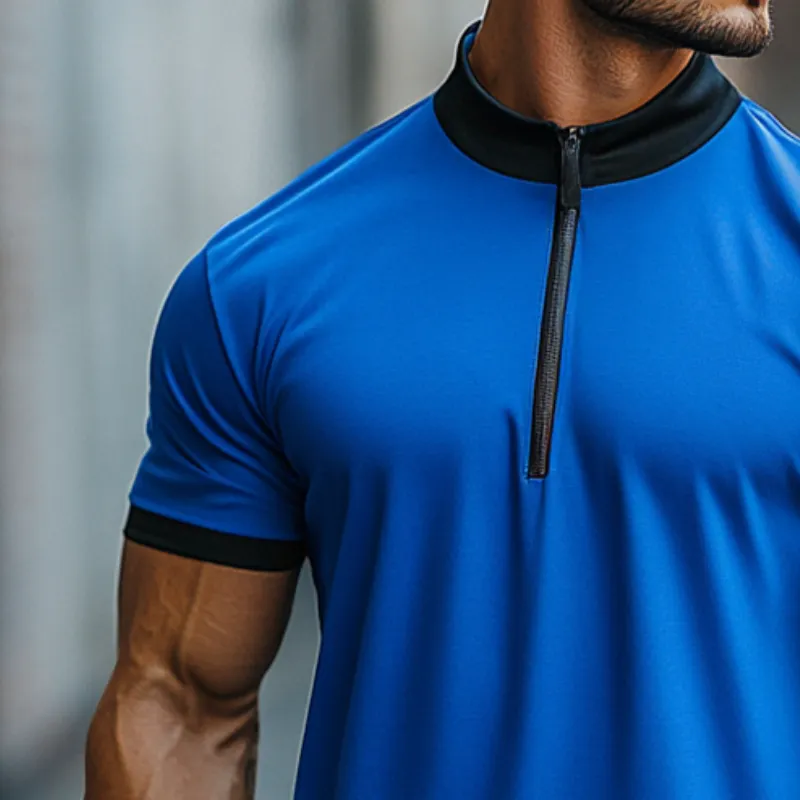 Men's Retro Casual Cotton Colorblock Zipper Stand Collar Short Sleeve T-shirt MTA2568D0TO sold by Manly product image thumbnail 3