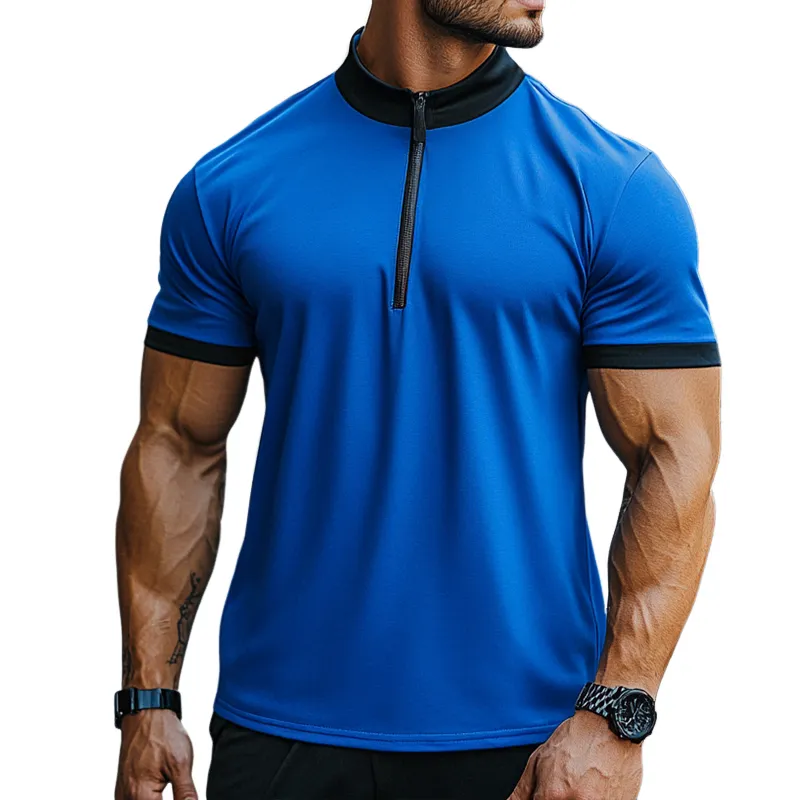 Men's Retro Casual Cotton Colorblock Zipper Stand Collar Short Sleeve T-shirt MTA2568D0TO sold by Manly
