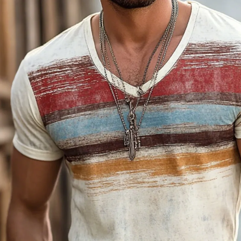 【24-hour shipping out】Men's Retro Casual Shabby Striped Printed V-Neck Short Sleeve T-Shirt MTA2517D8TO sold by Manly product image thumbnail 3