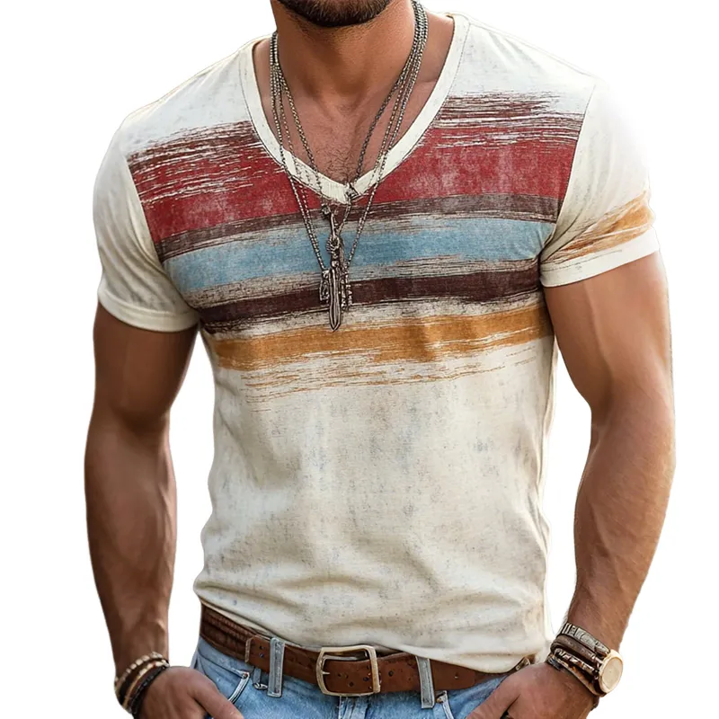 【24-hour shipping out】Men's Retro Casual Shabby Striped Printed V-Neck Short Sleeve T-Shirt MTA2517D8TO sold by Manly