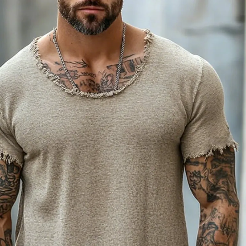 【24-hour shipping out】Men's Retro Casual Raw Edge Ripped Round Neck Short Sleeve T-Shirt MTA2587D5TO sold by Manly product image thumbnail 3