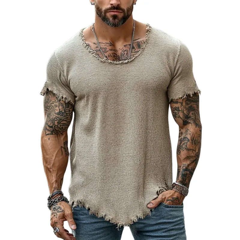 【24-hour shipping out】Men's Retro Casual Raw Edge Ripped Round Neck Short Sleeve T-Shirt MTA2587D5TO sold by Manly