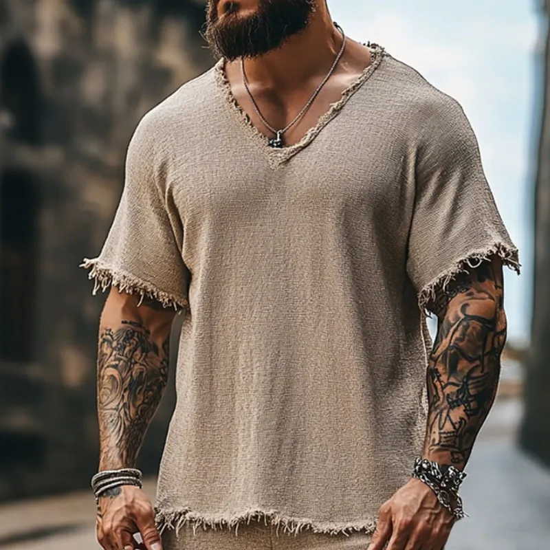 Men's Retro Casual Ripped V-Neck Short Sleeve T-Shirt Shorts Two-Piece Set MTA2558D2TO sold by Manly product image thumbnail 3