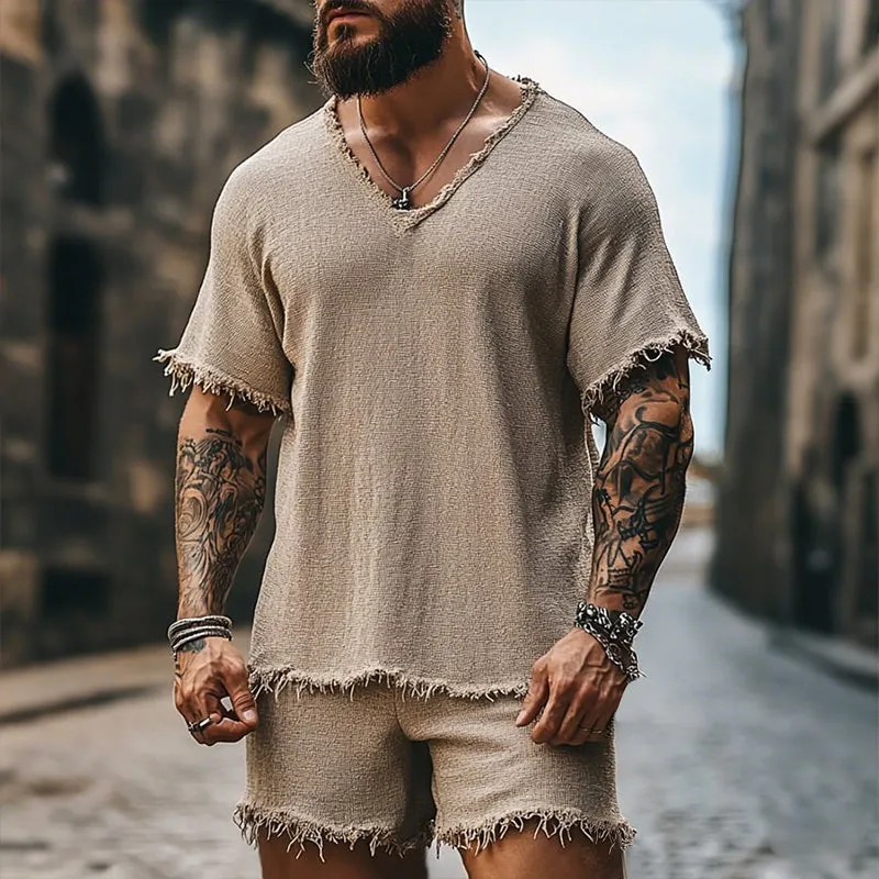 Men's Retro Casual Ripped V-Neck Short Sleeve T-Shirt Shorts Two-Piece Set MTA2558D2TO sold by Manly product image thumbnail 2