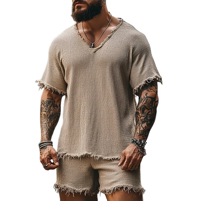 Men's Retro Casual Ripped V-Neck Short Sleeve T-Shirt Shorts Two-Piece Set MTA2558D2TO sold by Manly