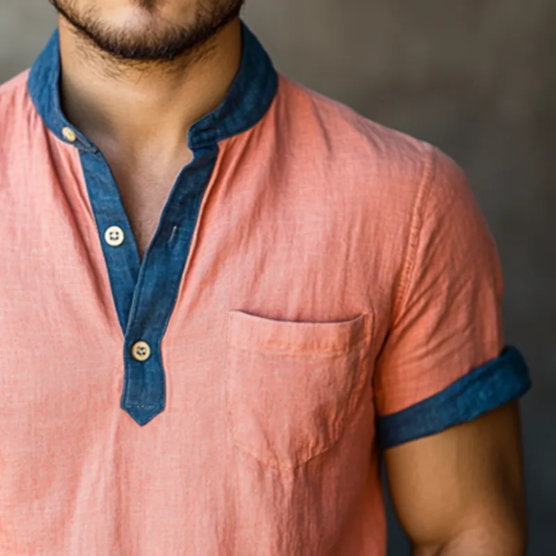 Men's Retro Casual Washed Linen Colorblock Henley Collar Short Sleeve Shirt MTA2505D7TO sold by Manly product image thumbnail 3