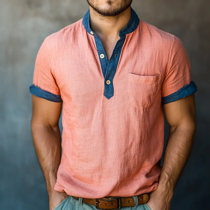 Men's Retro Casual Washed Linen Colorblock Henley Collar Short Sleeve Shirt MTA2505D7TO sold by Manly product image thumbnail 2