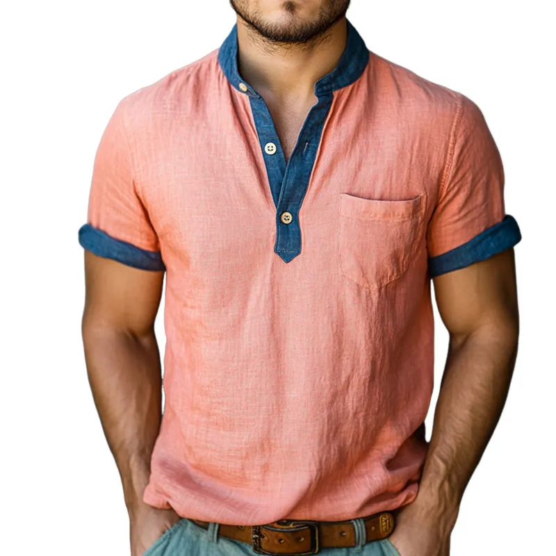 Men's Retro Casual Washed Linen Colorblock Henley Collar Short Sleeve Shirt MTA2505D7TO sold by Manly