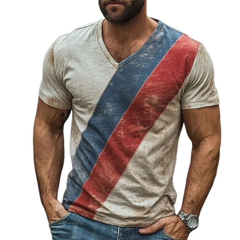 Men's Retro Casual Shabby Striped Printed V-Neck Short Sleeve T-Shirt MTA2503D0TO sold by Manly