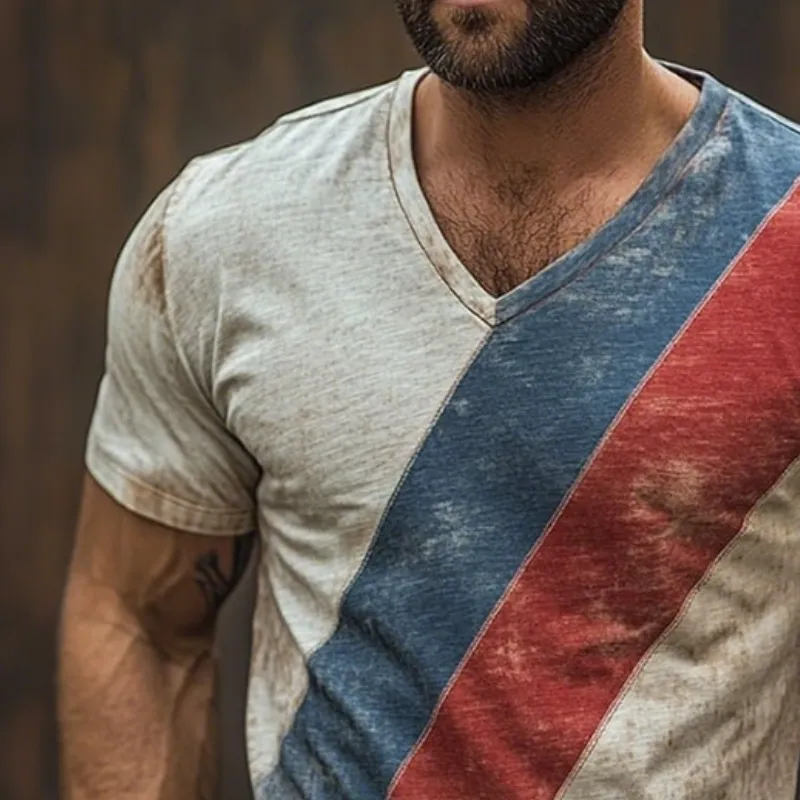 Men's Retro Casual Shabby Striped Printed V-Neck Short Sleeve T-Shirt MTA2503D0TO sold by Manly product image thumbnail 3