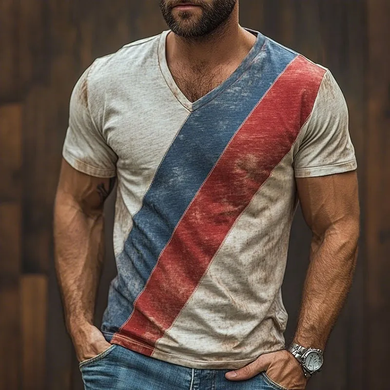 Men's Retro Casual Shabby Striped Printed V-Neck Short Sleeve T-Shirt MTA2503D0TO sold by Manly product image thumbnail 2