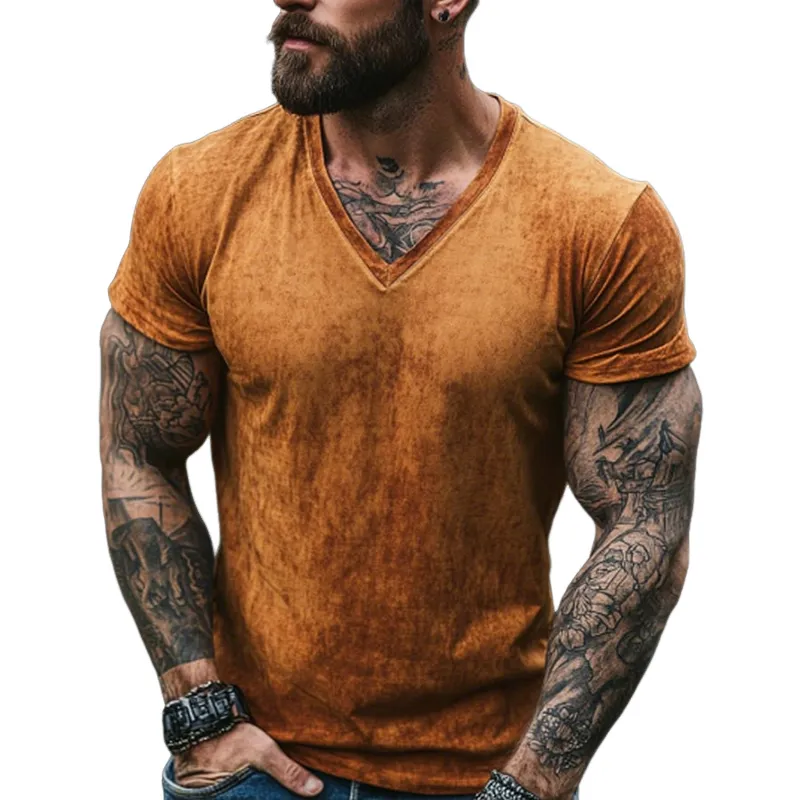【24-hour shipping out】Men's Retro Casual Shabby Printed V-Neck Short Sleeve T-Shirt MTA2555D1TO sold by Manly