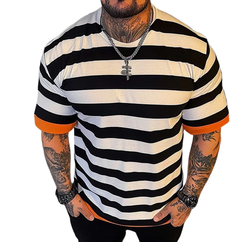 Men's Retro Casual Striped Round Neck Short Sleeve T-Shirt MTA2551D1TO sold by Manly