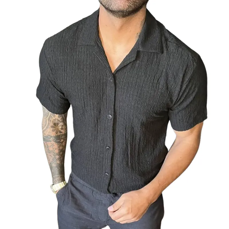 Men's Retro Casual Pleated Solid Color Lapel Short Sleeve Shirt MTA2588D3TO sold by Manly