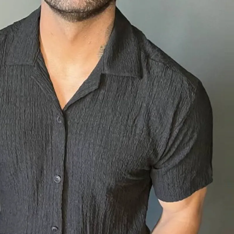 Men's Retro Casual Pleated Solid Color Lapel Short Sleeve Shirt MTA2588D3TO sold by Manly product image thumbnail 3