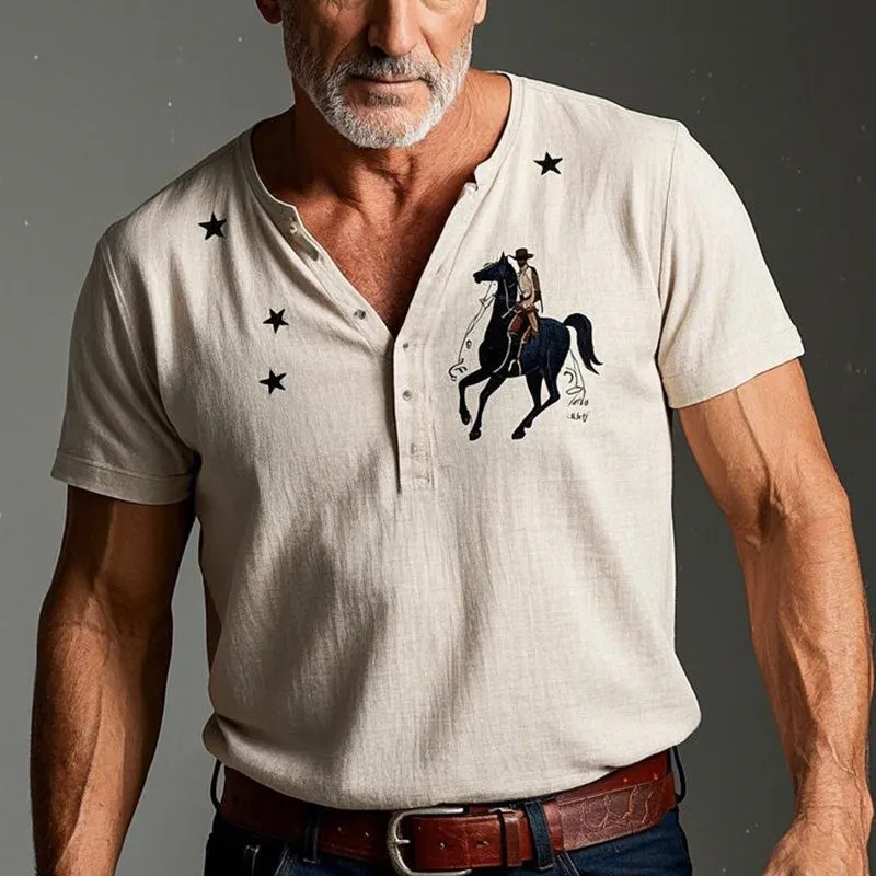 Men's Summer Fashion Denim Style Printed Short Sleeve Henley Shirt MTA2762D4P sold by Manly product image thumbnail 2