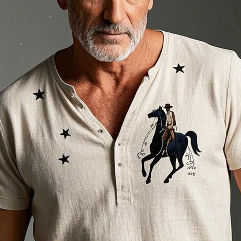 Men's Summer Fashion Denim Style Printed Short Sleeve Henley Shirt MTA2762D4P sold by Manly product image thumbnail 3